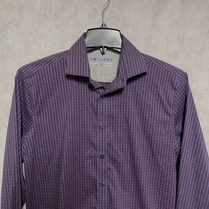 Twillory Shirt Men 16 35-37 Maroon Blue Check Tailored Performance‎ Button Up L